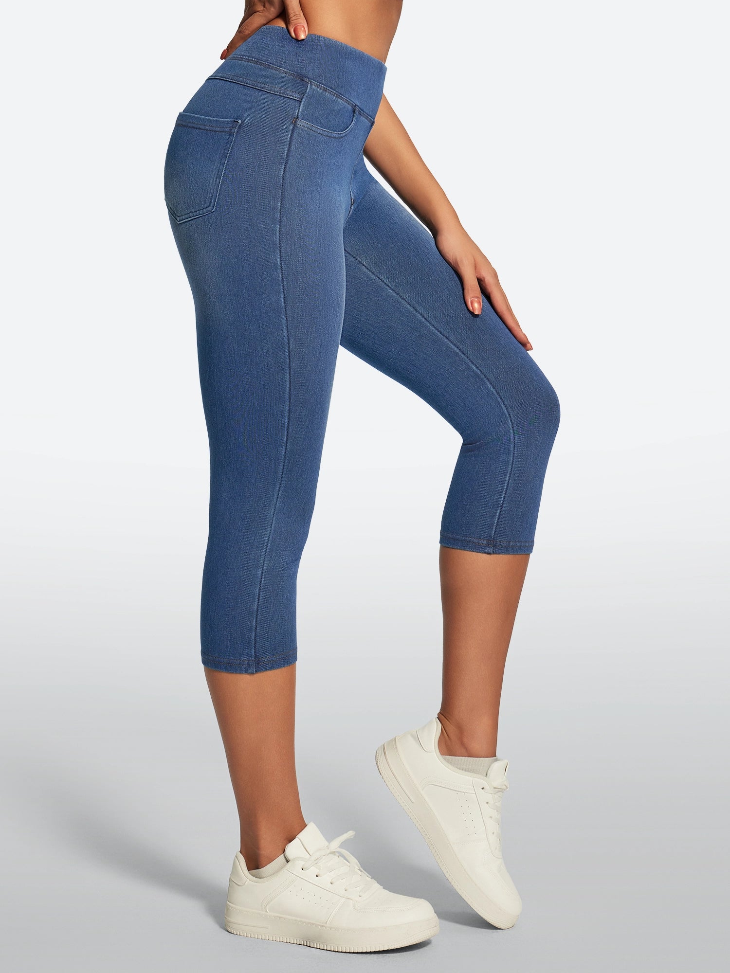 IUGA FlexDenim® High Waisted Pull On Capri Jeans With Pockets - IUGA