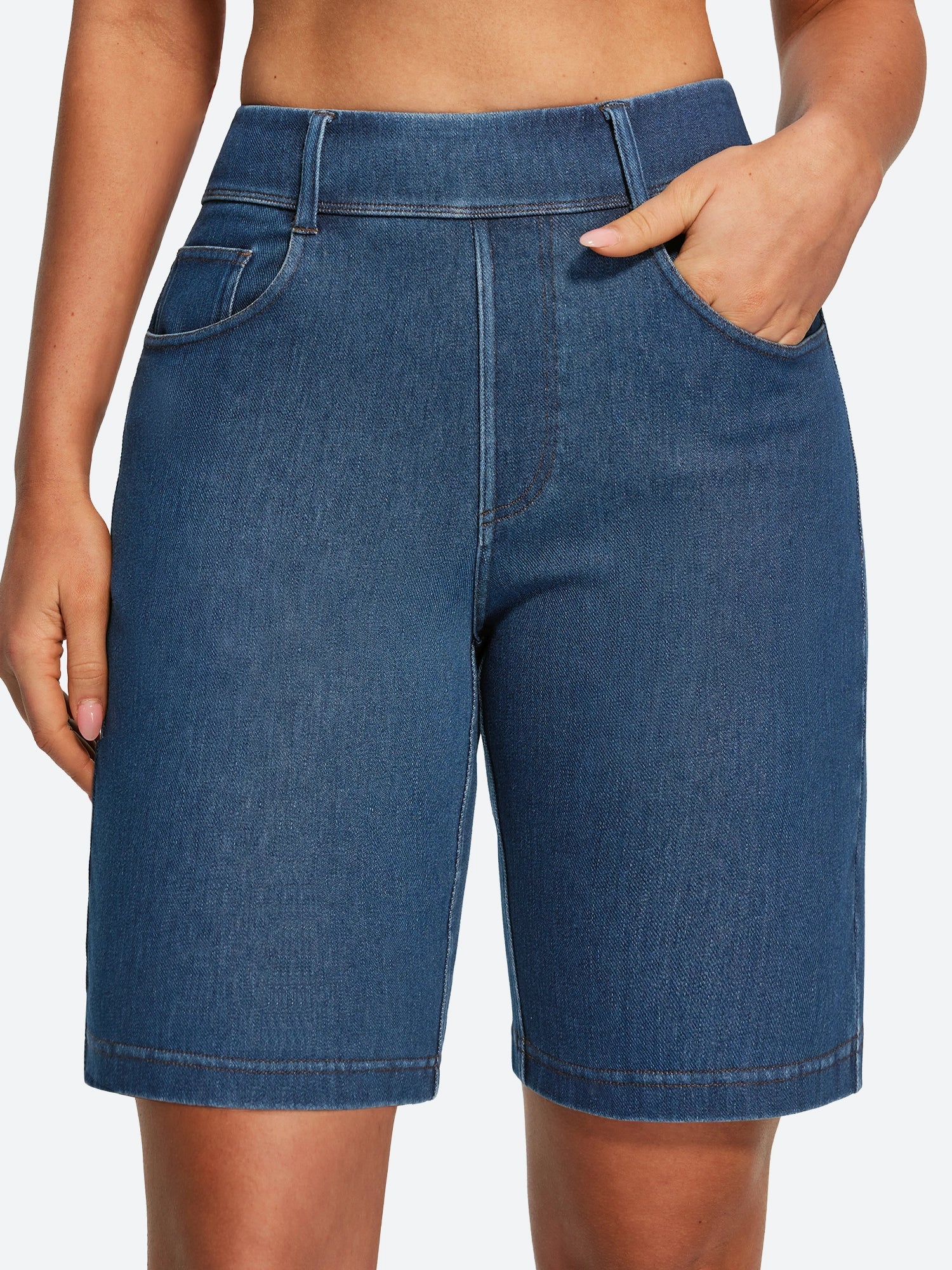 IUGA FlexDenim® Pull On High Waisted Knee Length Loose Fit Jean Shorts With Pockets | Affordable Yoga Leggings & Activewear by IUGA