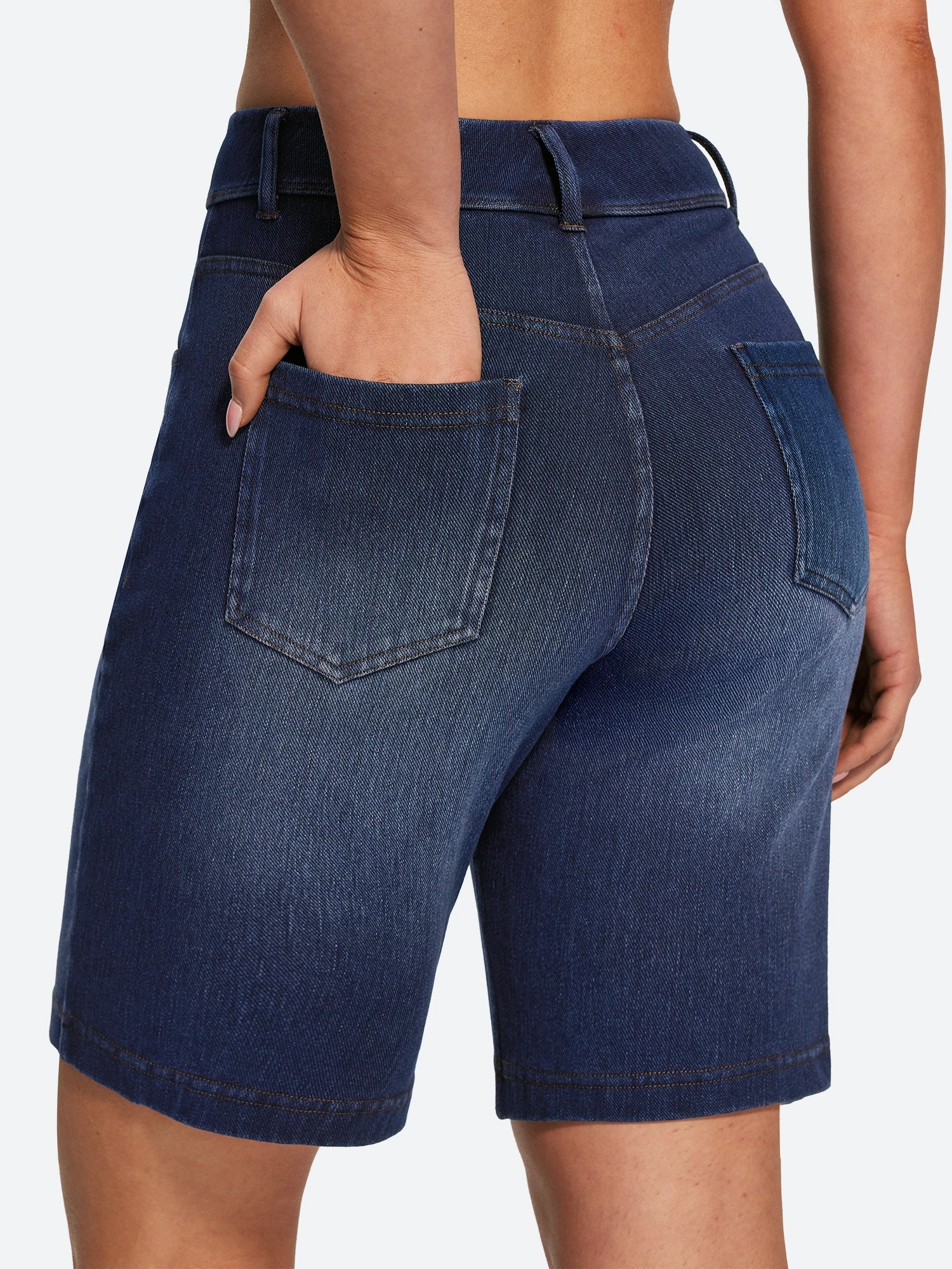 IUGA FlexDenim® Pull On High Waisted Knee Length Loose Fit Jean Shorts With Pockets | Affordable Yoga Leggings & Activewear by IUGA