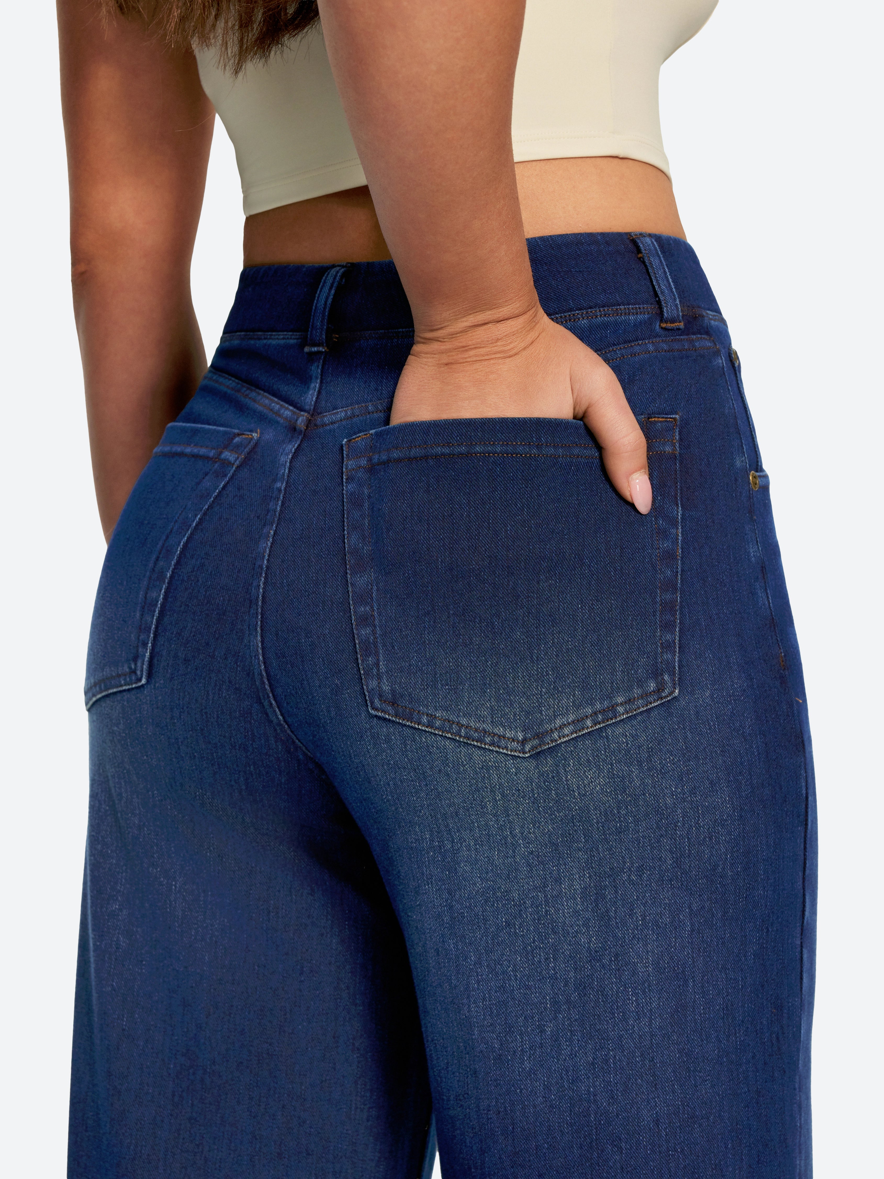 IUGA FlexDenim® High Waisted Pull On Tummy Control Wide Leg Jeans With Pockets