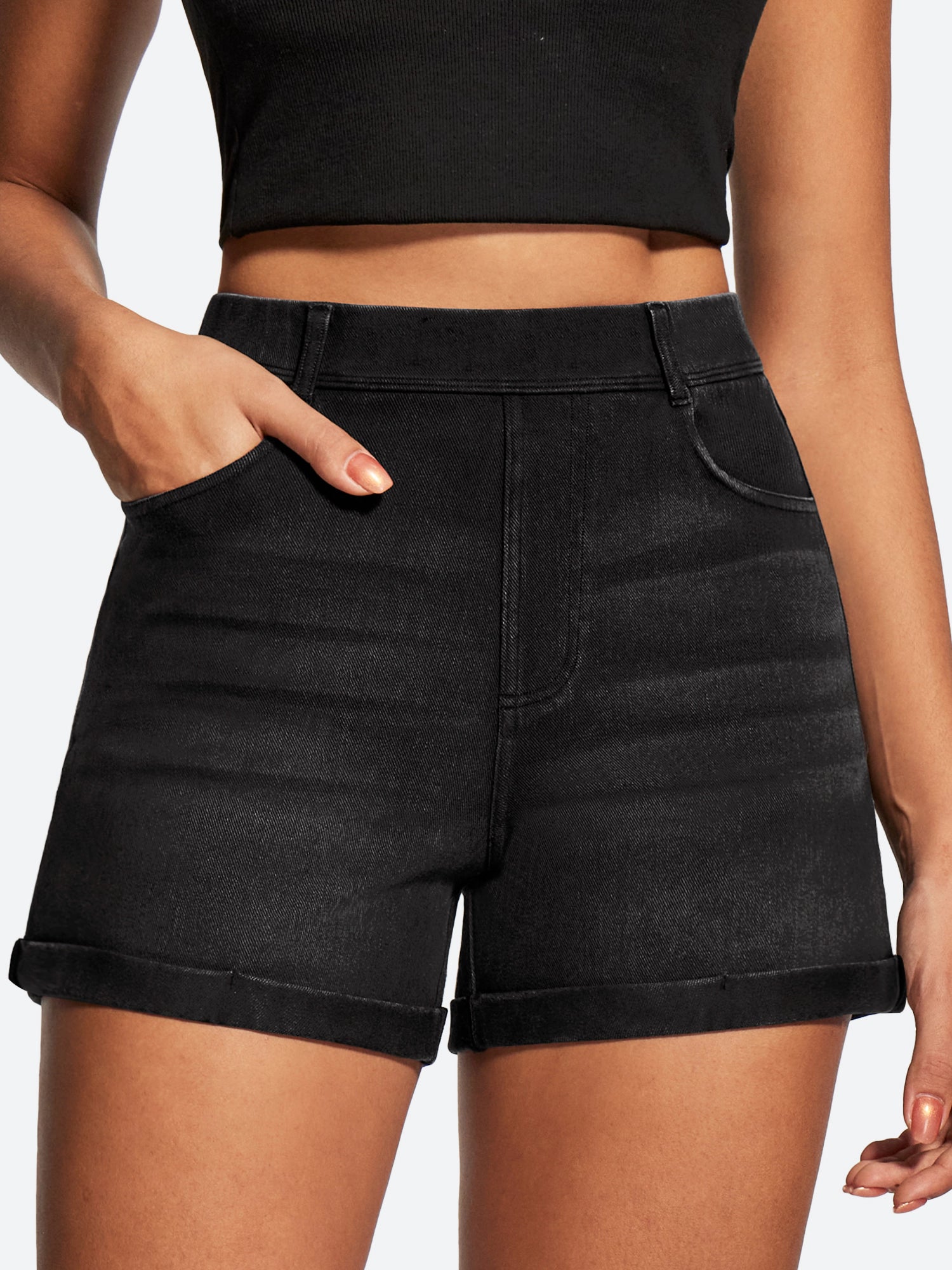 IUGA High Waisted Stretchy Tummy Control Pull On Jean Shorts - IUGA